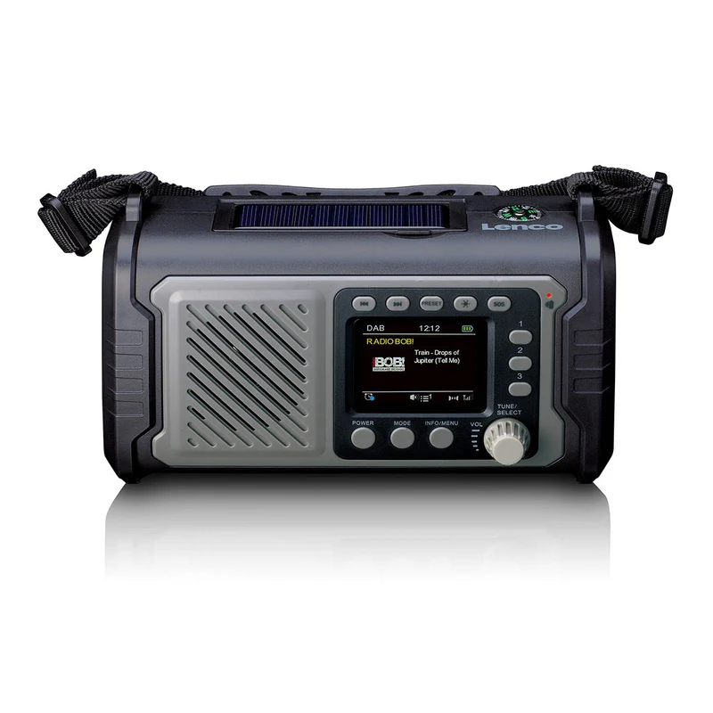 LENCO PDR-455GY - DAB+ FM-radio met oplaadbare batterij van 20.000 mAh, Bluetooth, verlichting, opladen via zonne-energie en handkruk, inclusief tas, netadapter en oortelefoons, grijs