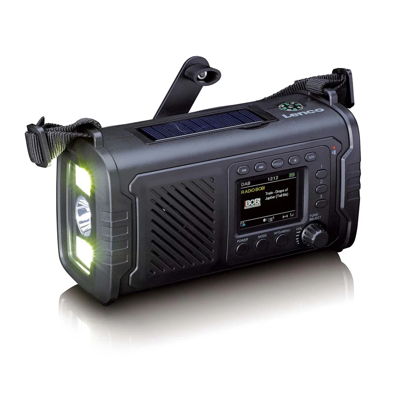 LENCO PDR-055BK - Noodradio met DAB+/FM, ASA, 10.000 mAh powerbank en zaklamp - Opladen mogelijk via zonne-energie en handzwengel - Zwart