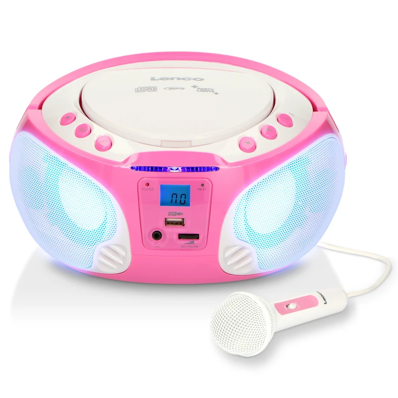 LENCO SCD-650PK - Draagbare FM Radio CD/MP3/USB speler microfoon en licht effecten - Roze