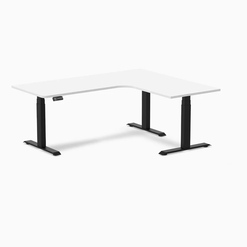 Desky L-Shape Melamine Sit Stand Desk 180cm - Right Return White Top and Matte Black Leg