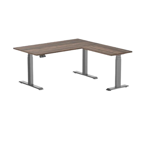 Desky Eco L-Shape Melamine Sit Stand Desk 150 x 155 cm Jarrah Legno Top and Space Grey Leg