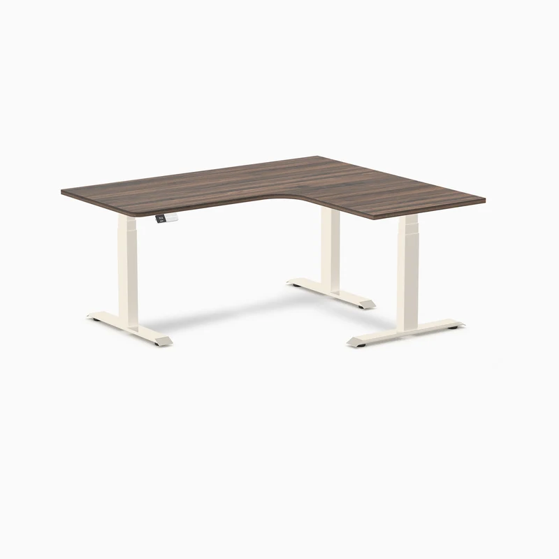 Desky L-Shape Melamine Sit Stand Desk 160cm - Right Return Jarrah Legno Top and Wheat Leg