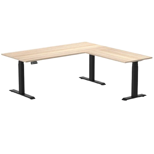Desky Eco L-Shape Melamine Sit Stand Desk 180 x 175 cm Classic Oak Top and Matte Black Leg