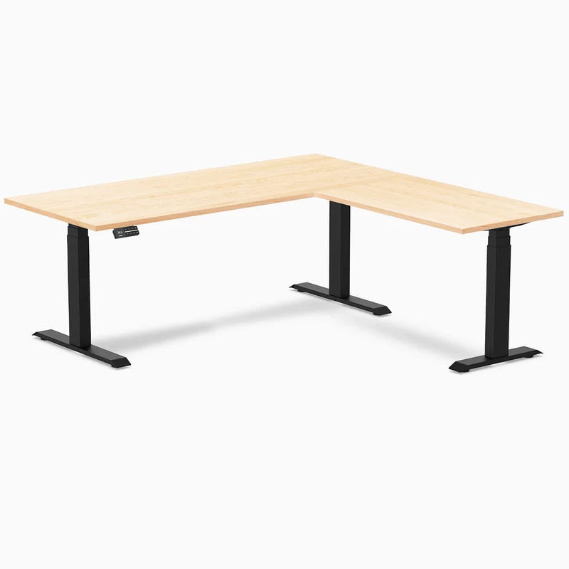 Desky Hardwood L-Shape Sit Stand Desk 180 x 175 cm Maple Top and Matte Black Leg