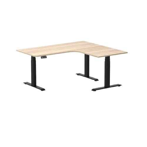 Desky L-Shape Melamine Sit Stand Desk 160cm - Right Return Classic Oak Top and Matte Black Leg