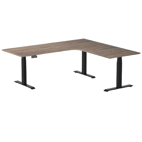 Desky L-Shape Melamine Sit Stand Desk 200cm - Right Return Natural Walnut Top and Matte Black Leg