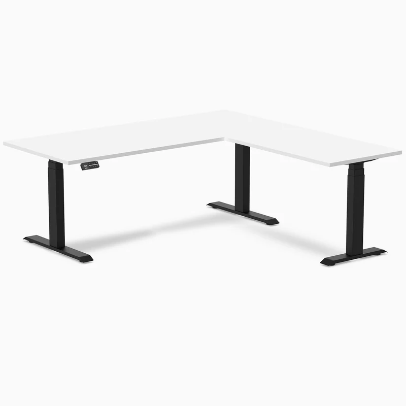 Desky Eco L-Shape Melamine Sit Stand Desk 180 x 175 cm White Top and Matte Black Leg