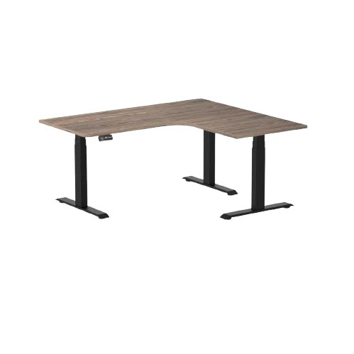 Desky L-Shape Melamine Sit Stand Desk 160cm - Right Return Natural Walnut Top and Matte Black Leg