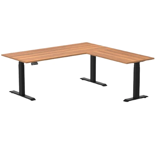 Desky Eco L-Shape Melamine Sit Stand Desk 180 x 175 cm Prime Oak Top and Matte Black Leg
