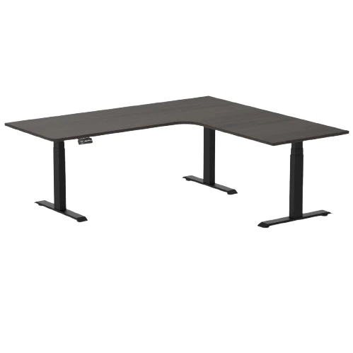 Desky L-Shape Melamine Sit Stand Desk 200cm - Right Return Burnished Wood Top and Matte Black Leg