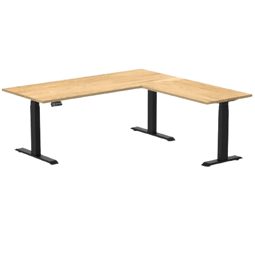 Desky Hardwood L-Shape Sit Stand Desk 180 x 175 cm White Oak Top and Matte Black Leg