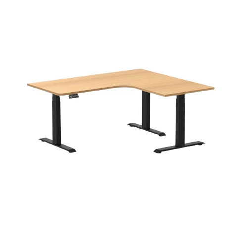 Desky L-Shape Melamine Sit Stand Desk 160cm - Left Return Select Beech Top and Matte Black Leg