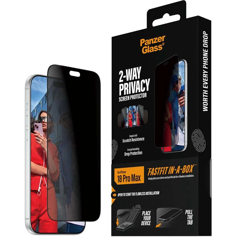 PanzerGlass 2-Way Privacy Screen Protector for iPhone 18 Pro Max with Ultra-Wide FASTFIT IN-A-BOX