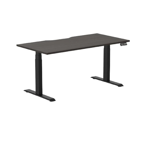 Desky Dual Scalloped Melamine Sit Stand Desk - Burnished Wood / 1500x750mm / Matte Black