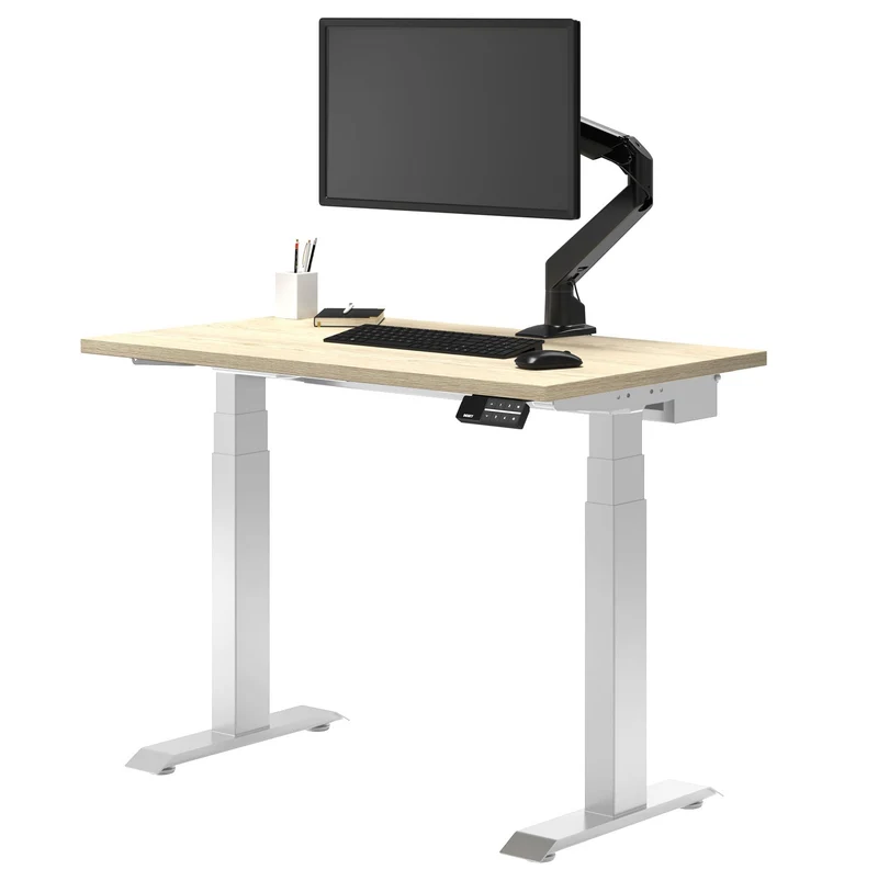 Desky Dual Mini Sit Stand Desk 1000x600 Jarrah Legno Desktop and White Frame