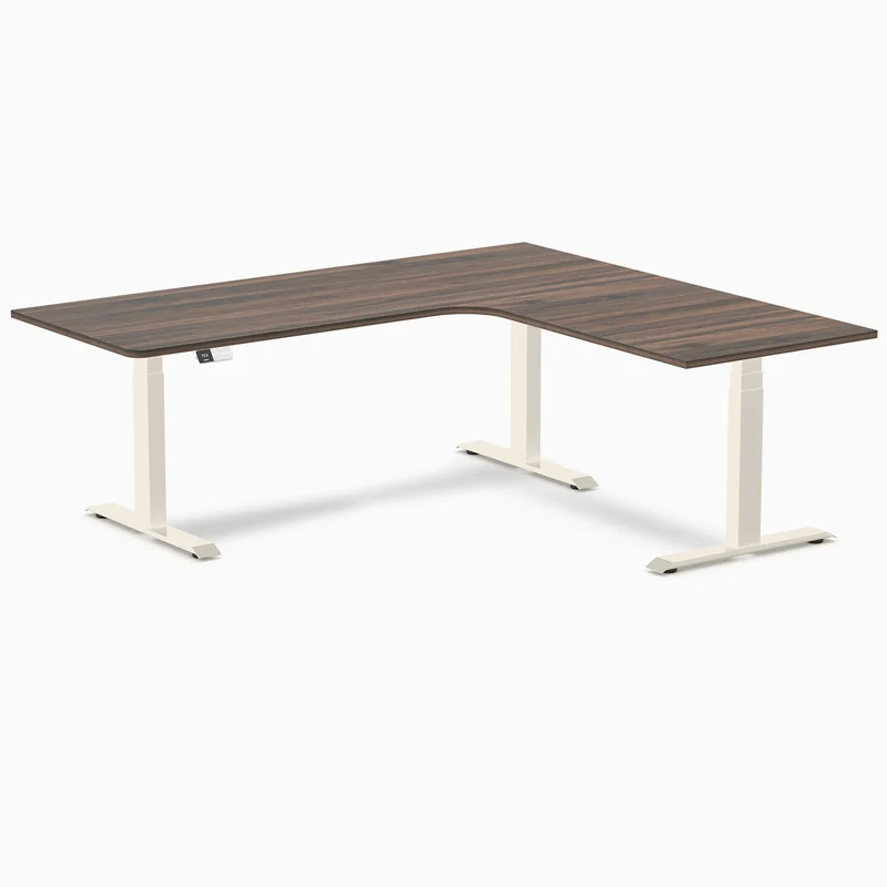 Desky L-Shape Melamine Sit Stand Desk 200cm - Right Return Jarrah Legno Top and Wheat Leg