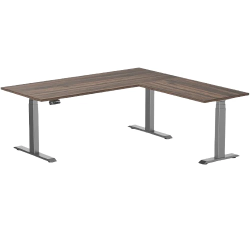 Desky Eco L-Shape Melamine Sit Stand Desk 180 x 175 cm Jarrah Legno Top and Space Grey Leg