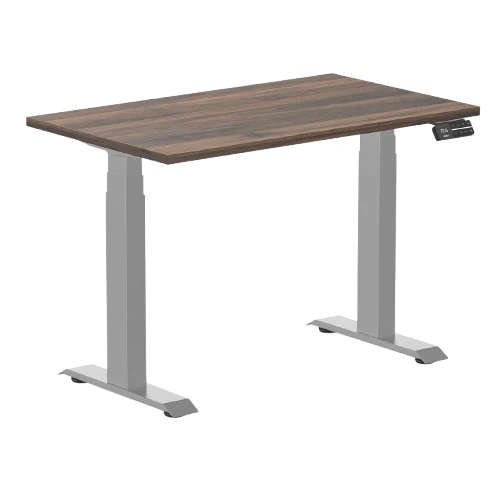 Desky Dual Mini Sit Stand Desk 1000x600 Jarrah Legno Desktop and Grey Frame