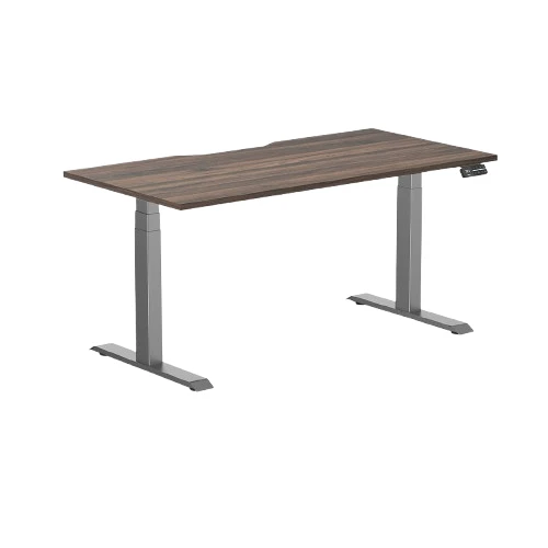 Desky Dual Scalloped Melamine Sit Stand Desk - Jarrah Legno / 1500x750mm / Space Grey