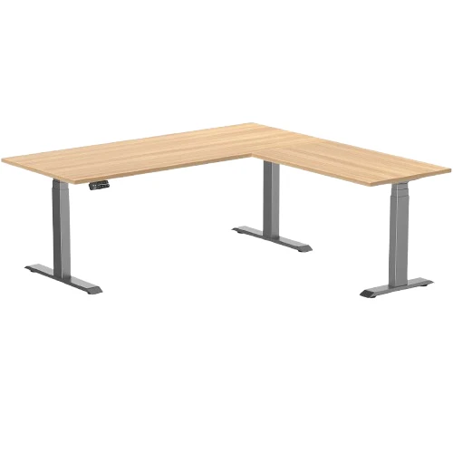 Desky Eco L-Shape Melamine Sit Stand Desk 180 x 175 cm Sublime Teak Top and Space Grey Leg