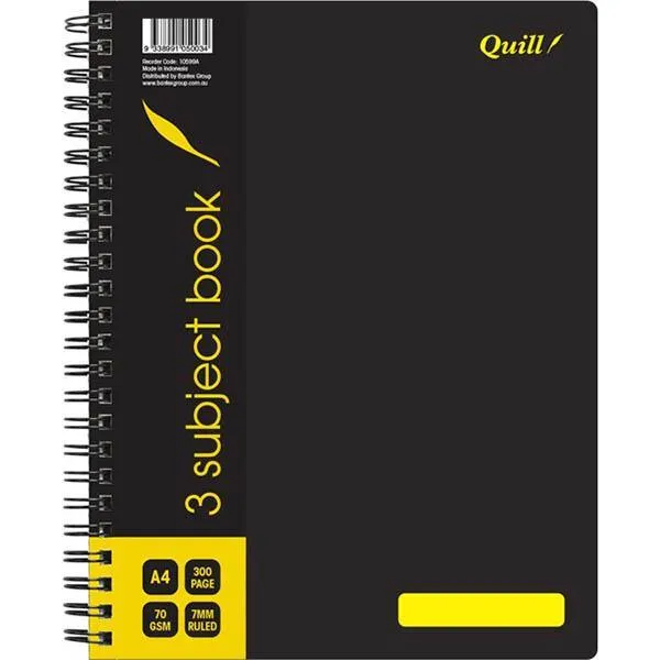 Quill Q599 3-Subject Note Book Spiralbound 70Gsm 300 Page A4