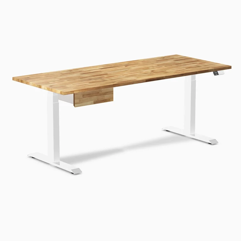Desky Dual Hardwood Standing Desk With Drawer 180cm Acacia Desktop and White Frame