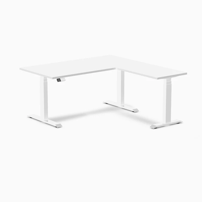 Desky Eco L-Shape Melamine Sit Stand Desk 150 x 155 cm White Top and White Leg