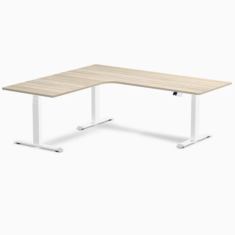 Desky L-Shape Melamine Sit Stand Desk 200cm - Left Return Classic Oak Top and White Leg