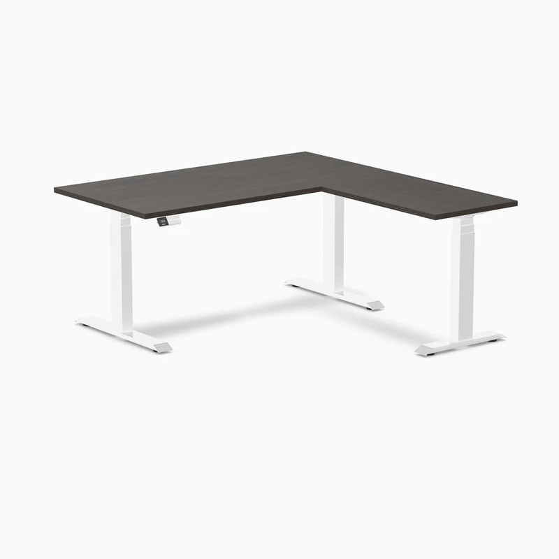 Desky Eco L-Shape Melamine Sit Stand Desk 150 x 155 cm Burnished Wood Top and White Leg