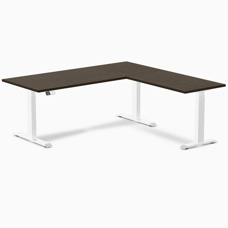 Desky Dark Bamboo L-Shape Sit Stand Desk 180 x 175 cm and White Leg