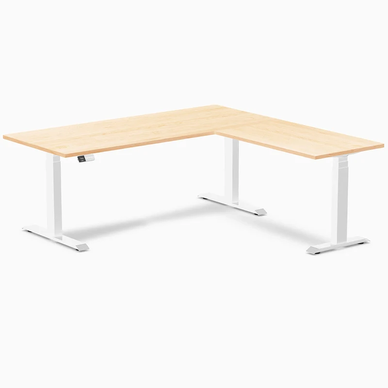 Desky Hardwood L-Shape Sit Stand Desk 180 x 175 cm Maple Top and White Leg