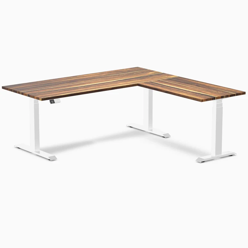 Desky Hardwood L-Shape Sit Stand Desk 180 x 175 cm Pheasantwood Top and White Leg