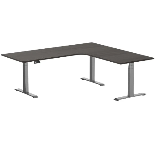 Desky L-Shape Melamine Sit Stand Desk 200cm - Left Return Burnished Wood Top and Space Grey Leg