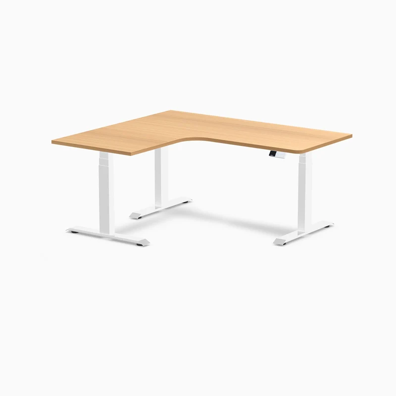 Desky L-Shape Melamine Sit Stand Desk 160cm - Left Return Select Beech Top and White Leg