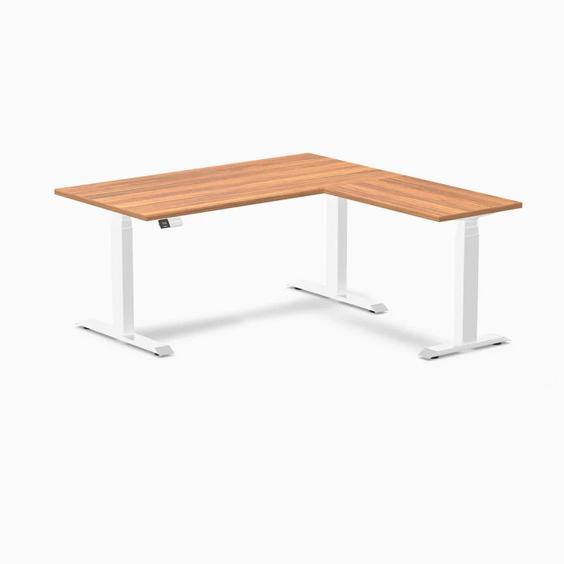 Desky Eco L-Shape Melamine Sit Stand Desk 150 x 155 cm Prime Oak Top and White Leg
