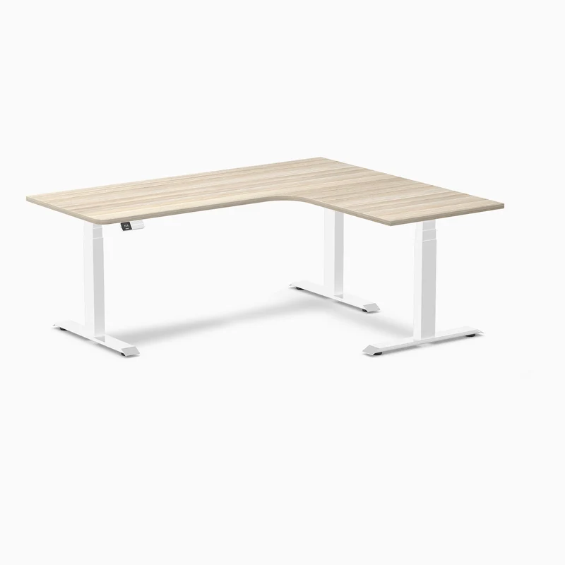 Desky L-Shape Melamine Sit Stand Desk 180cm - Right Return Classic Oak Top and White Leg