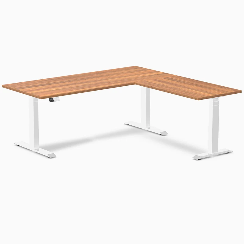 Desky Eco L-Shape Melamine Sit Stand Desk 180 x 175 cm Prime Oak Top and White Leg