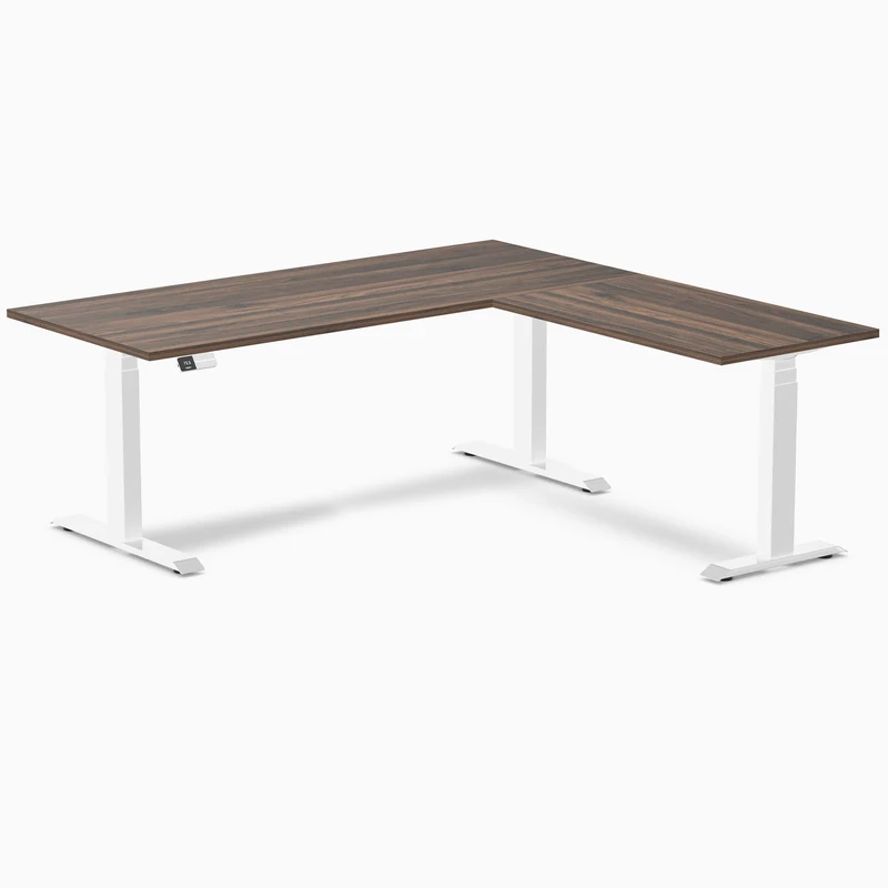 Desky Eco L-Shape Melamine Sit Stand Desk 180 x 175 cm Jarrah Legno Top and White Leg