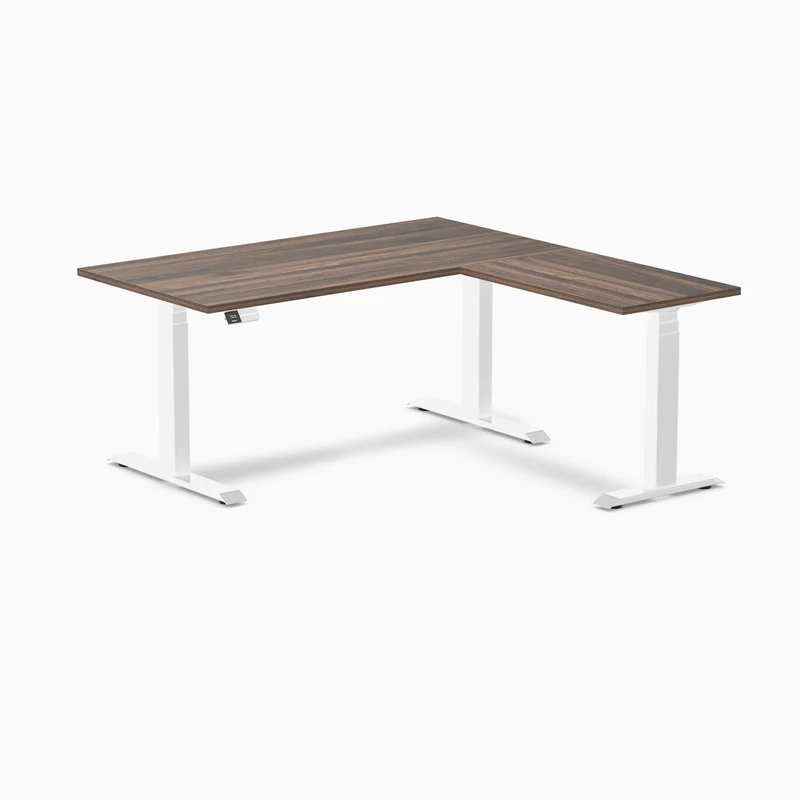 Desky Eco L-Shape Melamine Sit Stand Desk 150 x 155 cm Jarrah Legno Top and White Leg