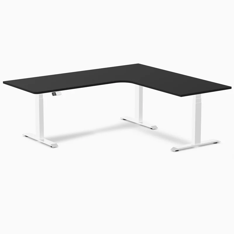 Desky L-Shape Melamine Sit Stand Desk 200cm - Right Return Black Top and White Leg