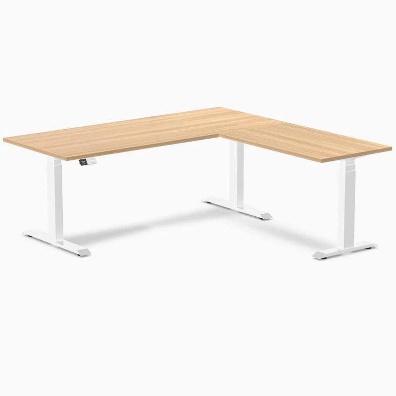 Desky Eco L-Shape Melamine Sit Stand Desk 180 x 175 cm Sublime Teak Top and White Leg