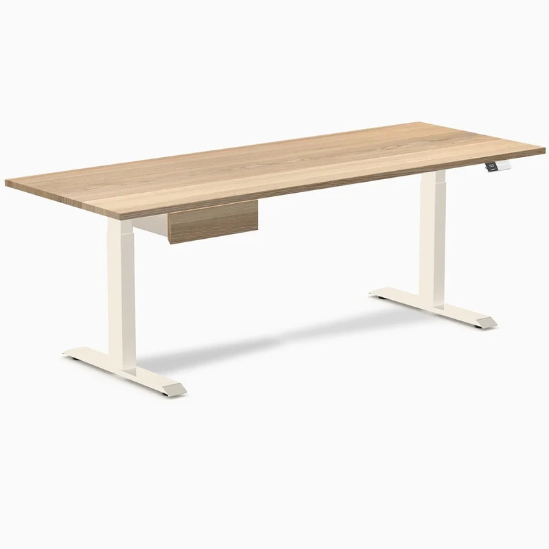Desky Dual Hardwood Standing Desk With Drawer 200cm White Ash Desktop and Wheat Frame