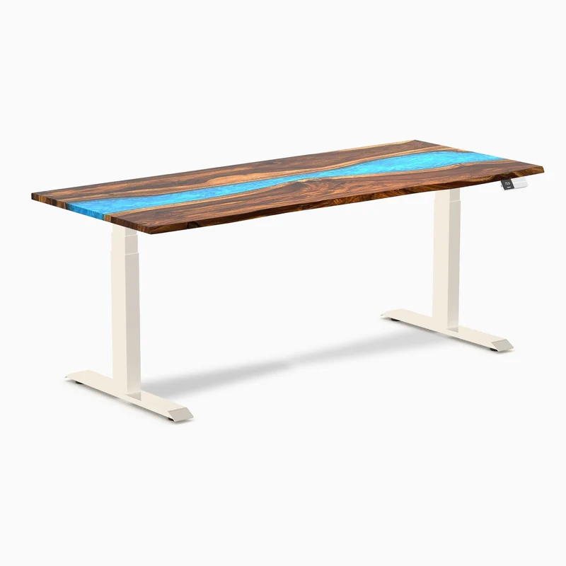 Desky Dual Resin Hardwood Sit Stand Desk 180cm Pheasantwood Blue River Desktop and Wheat Frame