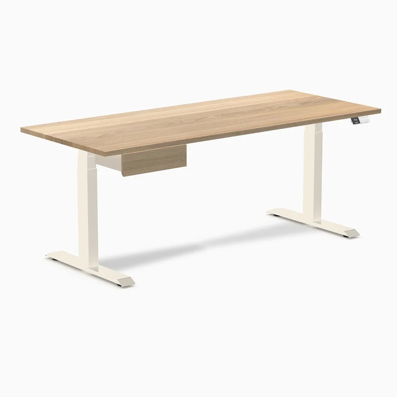 Desky Dual Hardwood Standing Desk With Drawer 180cm White Ash Desktop and Wheat Frame