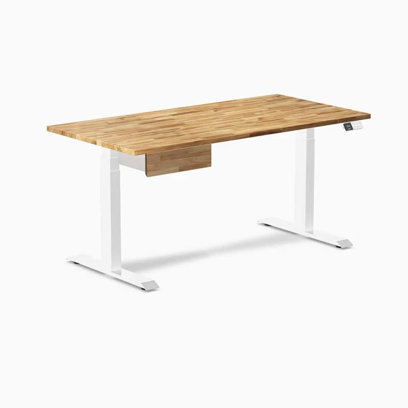 Desky Dual Hardwood Standing Desk With Drawer 150cm Acacia Desktop and White Frame