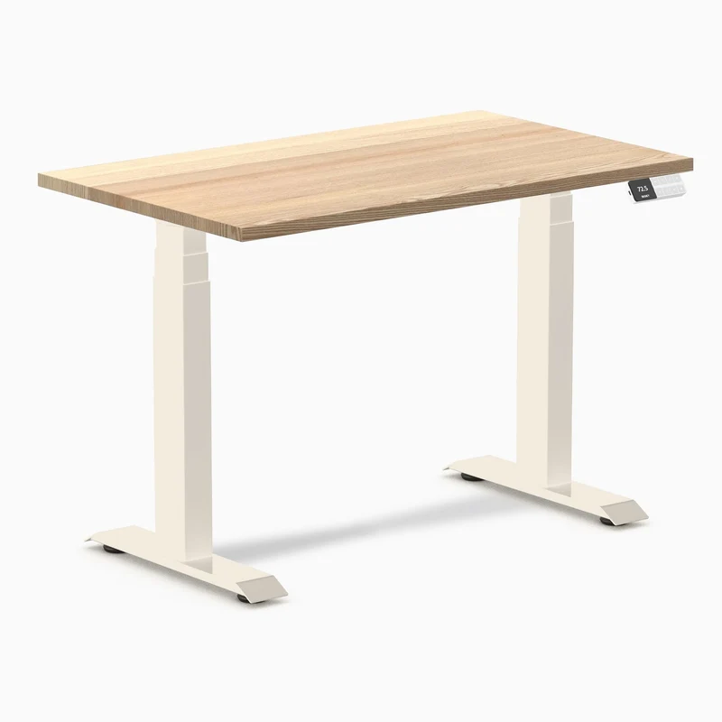 Desky Dual Mini Hardwood Sit Stand Desk 100cm White Ash Desktop and Wheat Frame