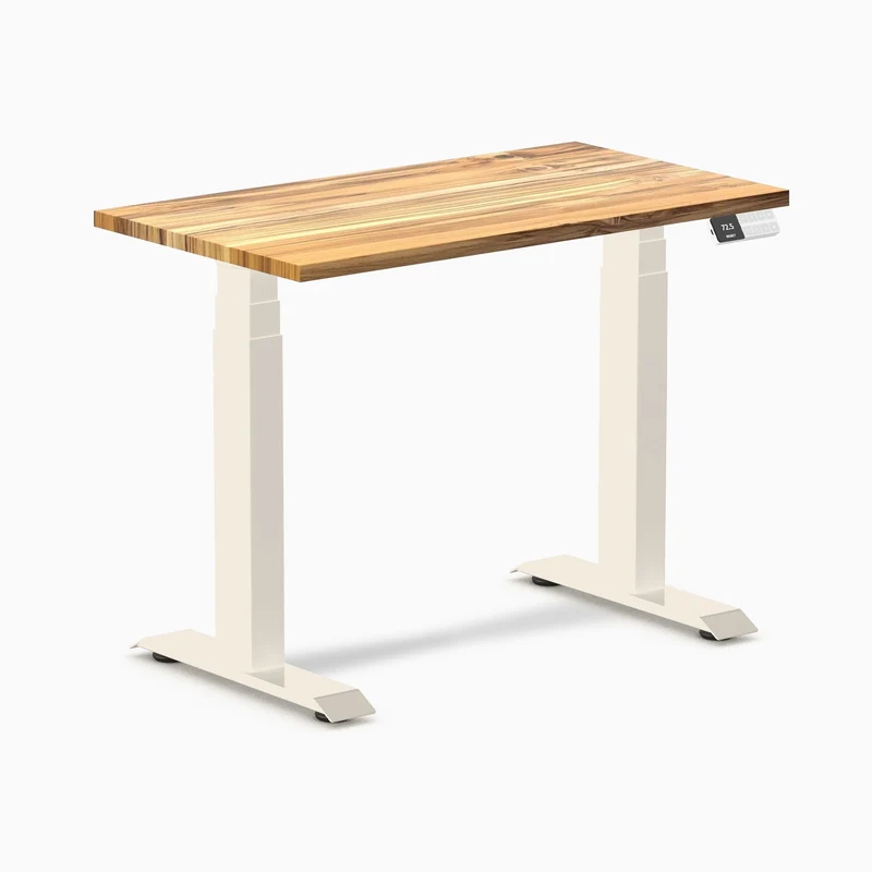 Desky Dual Mini Hardwood Sit Stand Desk 90cm Teak Desktop and Wheat Frame