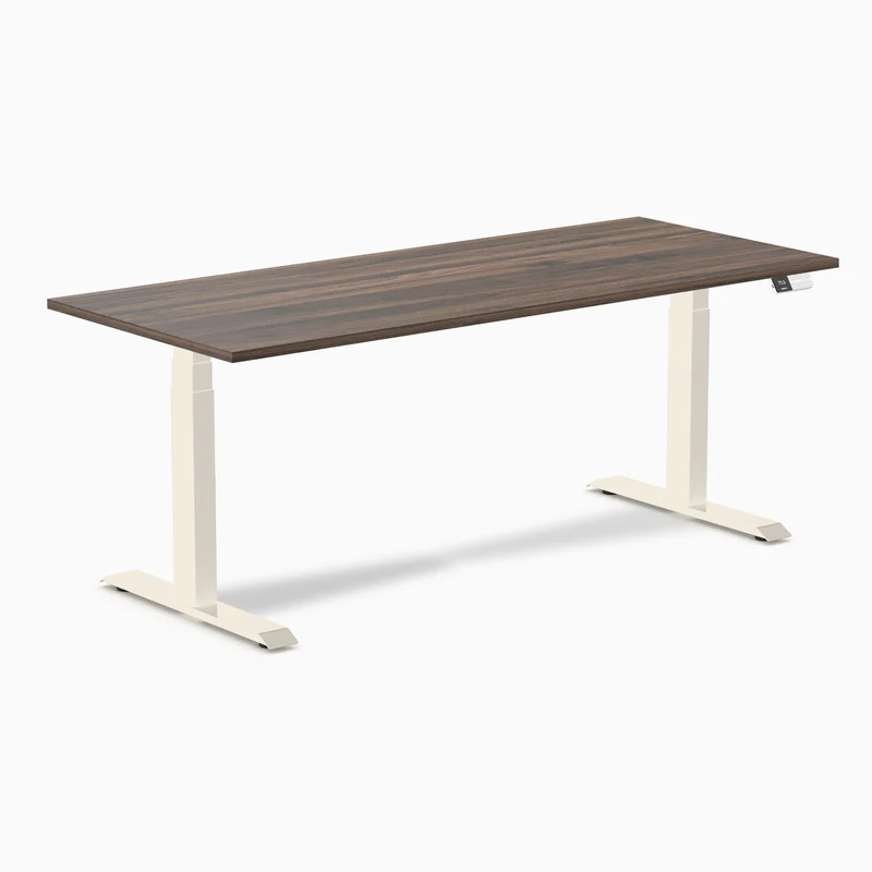 Desky Dual Melamine Sit Stand Desk 180cm Jarrah Legno Desktop and Wheat Frame