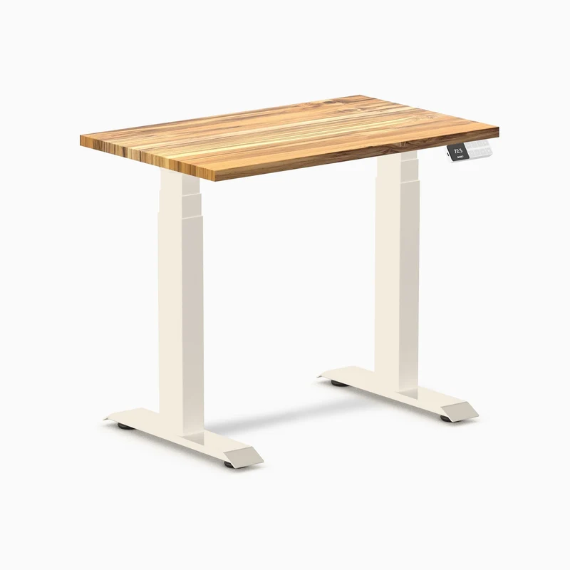 Desky Dual Mini Hardwood Sit Stand Desk 80cm Teak Desktop and Wheat Frame