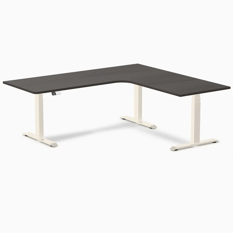 Desky L-Shape Melamine Sit Stand Desk 200cm - Right Return Burnished Wood Top and Wheat Leg